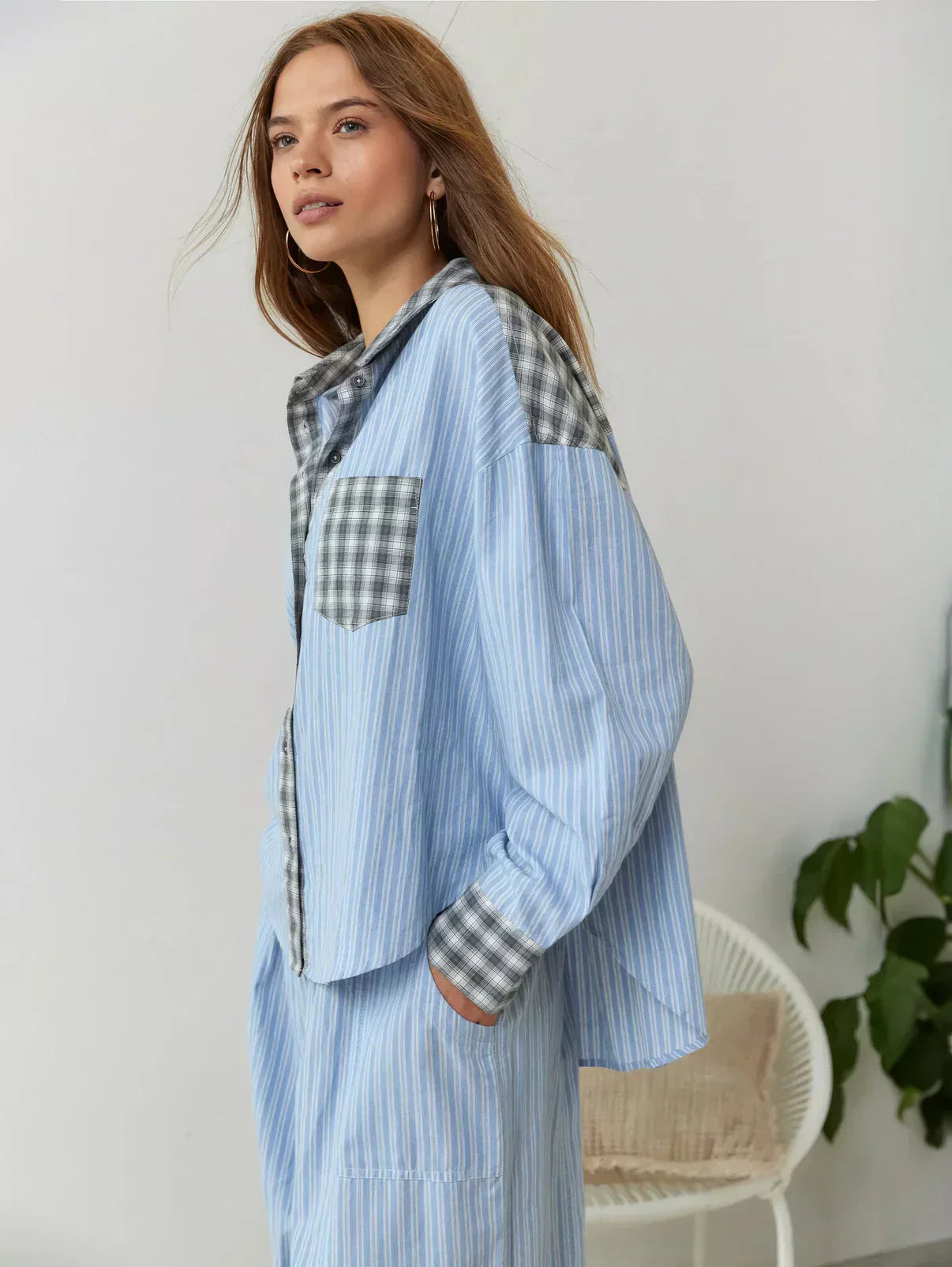 Women's 2-Piece Pyjama Set with Long Sleeve Button Shirt and Trousers