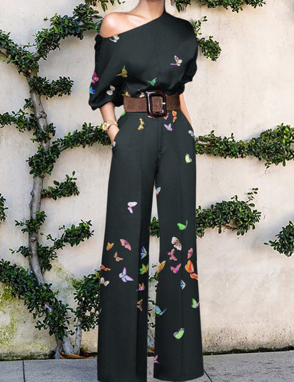 Women's One Shoulder Wide Leg Jumpsuit with Artistic Print Design