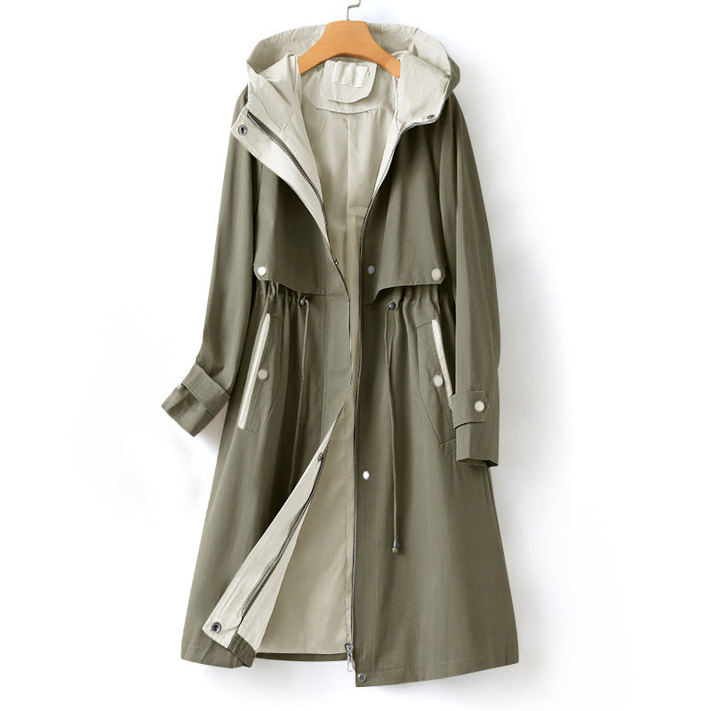 Women's Waterproof Trench Coat with Hood and Drawstring Waist
