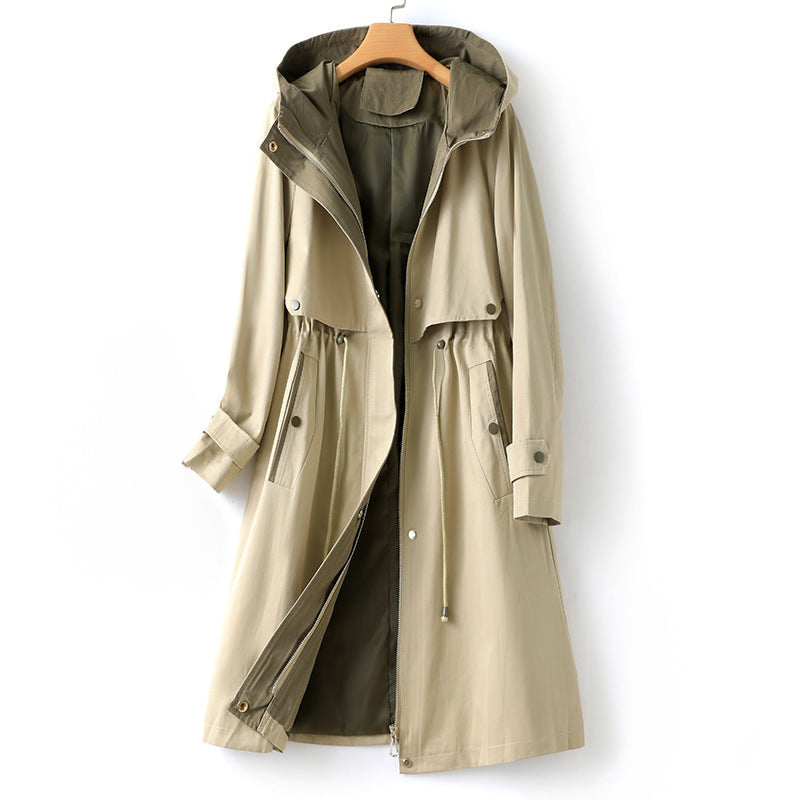 Women's Waterproof Trench Coat with Hood and Drawstring Waist