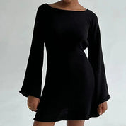 Women’s Long-Sleeve Mini Dress With Wide Neckline And Flared Cuffs