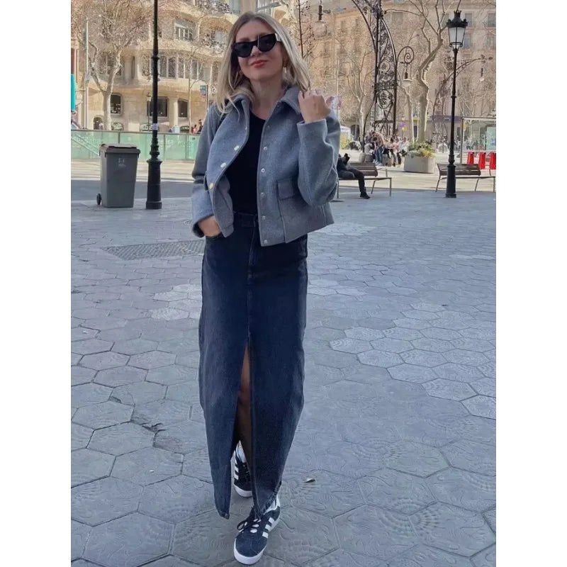 Women's Cropped Aviator Bomber Jacket with Button Front & Pockets