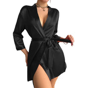 Women's Short Dressing Gown with Belted Waist and Long Sleeves