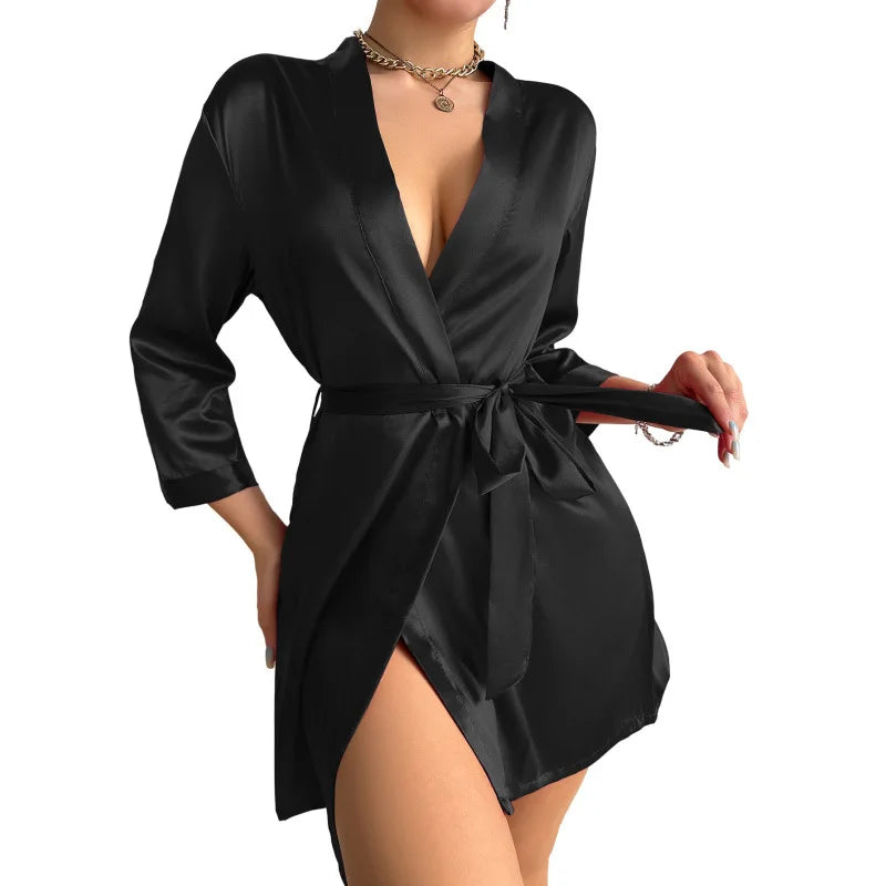 Women's Short Dressing Gown with Belted Waist and Long Sleeves