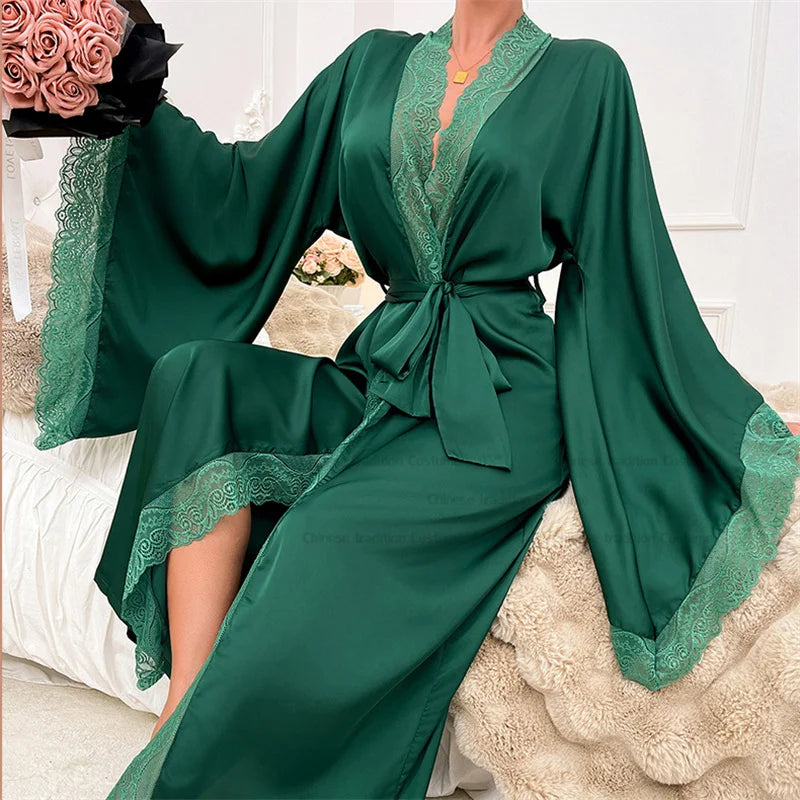 Women's Long Lace Kimono Dressing Gown with Belted Waist and Wide Sleeves