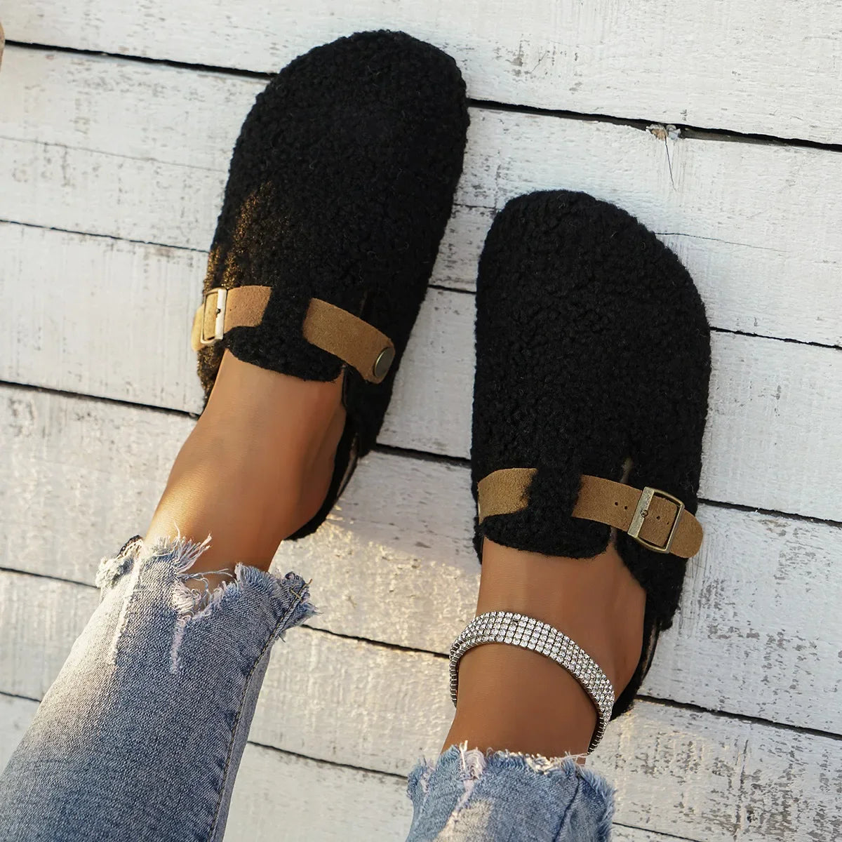 Women's Slip-On Slippers with Buckle Detail and Cozy Soft Comfort