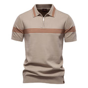 Men's Short-Sleeve Zip Polo Shirt with Chest Stripe and Slim Fit