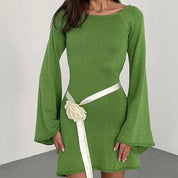 Women’s Long-Sleeve Mini Dress With Wide Neckline And Flared Cuffs