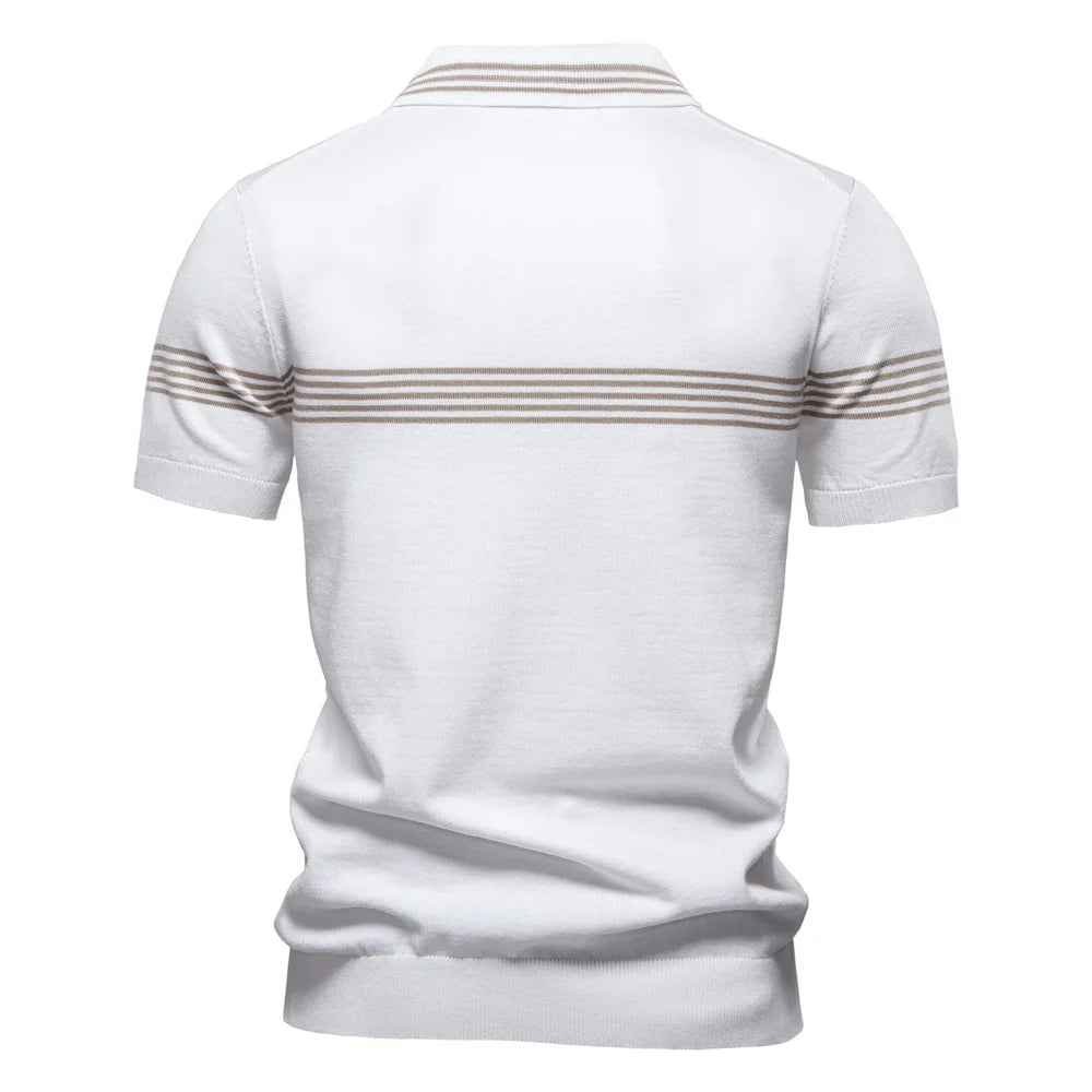 Men's Short-Sleeve Zip Polo Shirt with Chest Stripe and Slim Fit