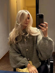 Women's Bat Sleeve Cardigan with Lapel and Metal Button Detail