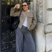 Women's Cropped Bomber Jacket with Round Neck and Long Sleeves