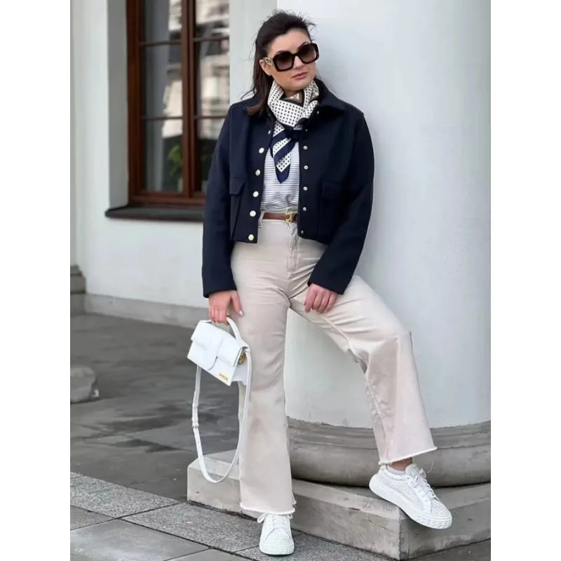 Women's Cropped Aviator Bomber Jacket with Button Front & Pockets