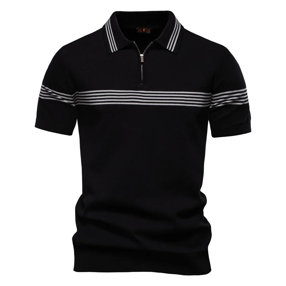 Men's Short-Sleeve Zip Polo Shirt with Chest Stripe and Slim Fit