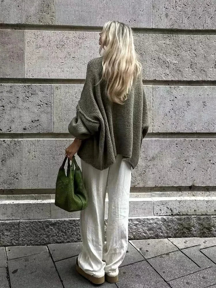 Women's Bat Sleeve Cardigan with Lapel and Metal Button Detail