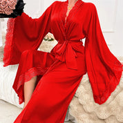 Women's Long Lace Kimono Dressing Gown with Belted Waist and Wide Sleeves