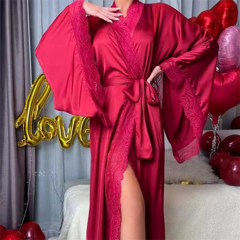 Women's Long Lace Kimono Dressing Gown with Belted Waist and Wide Sleeves