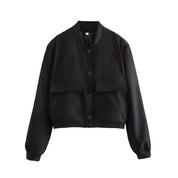 Women's Cropped Baseball Collar Bomber Jacket with Snap Buttons