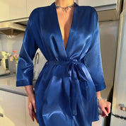 Women's Short Dressing Gown with Belted Waist and Long Sleeves