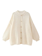 Women's Bat Sleeve Cardigan with Lapel and Metal Button Detail