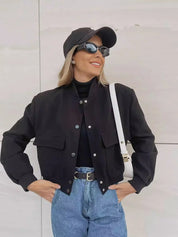 Women's Casual Bomber Jacket with Front Buttons and Flap Pockets
