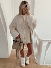 Women's Knit Button Cardigan with Ribbed Neckline and Cuffs