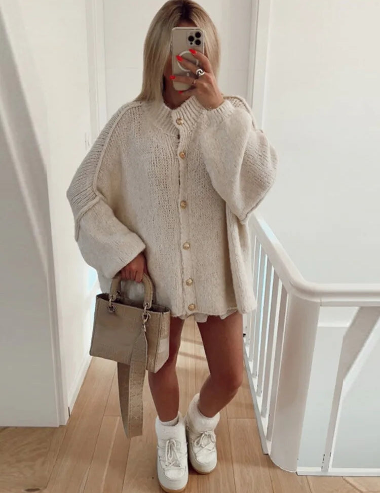 Women's Knit Button Cardigan with Ribbed Neckline and Cuffs