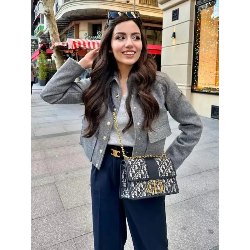 Women's Cropped Aviator Bomber Jacket with Button Front & Pockets