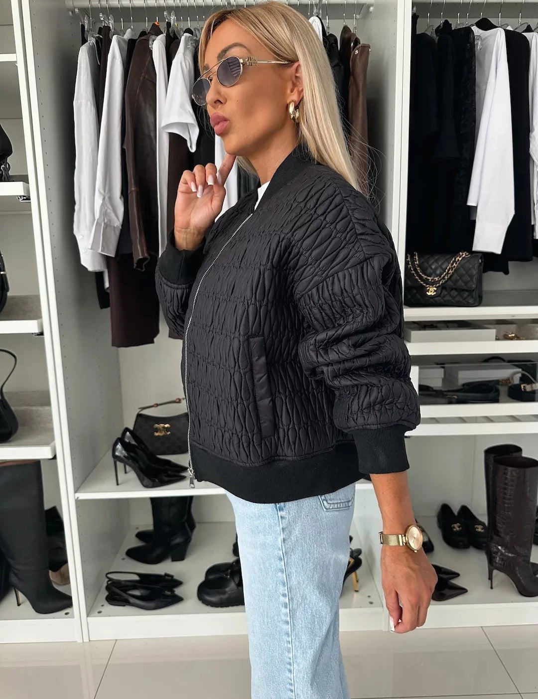 Women's Quilted Bomber Jacket with Zip Front and Ribbed Trim