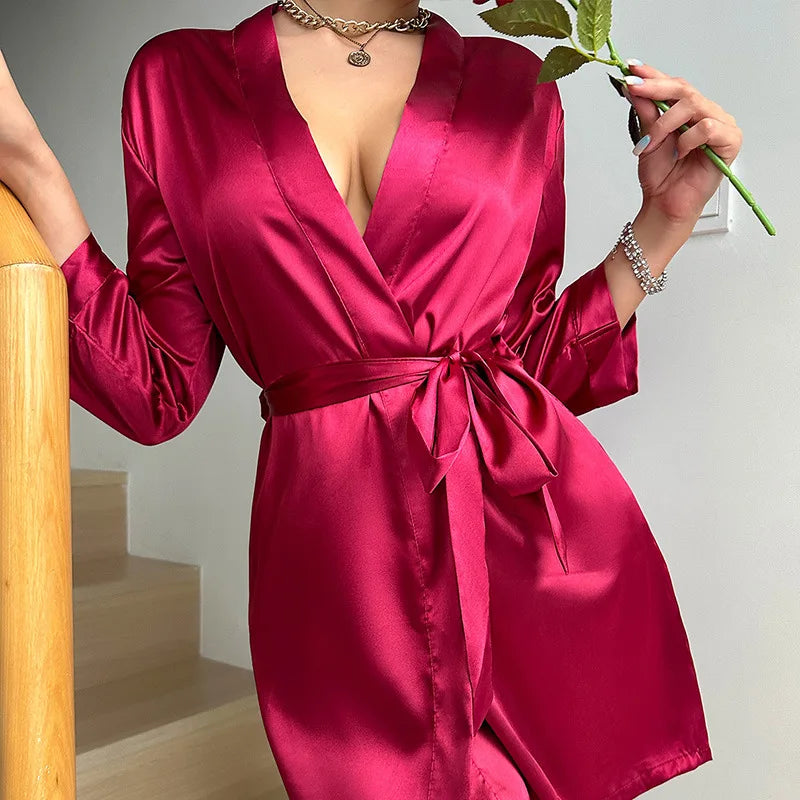 Women's Short Dressing Gown with Belted Waist and Long Sleeves