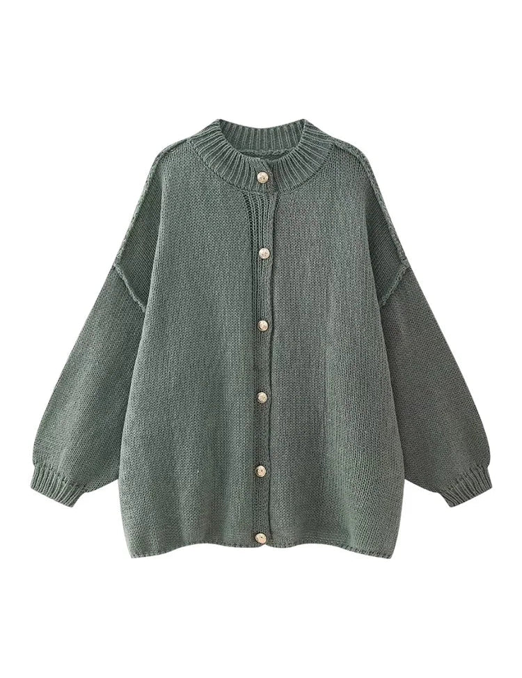Women's Bat Sleeve Cardigan with Lapel and Metal Button Detail