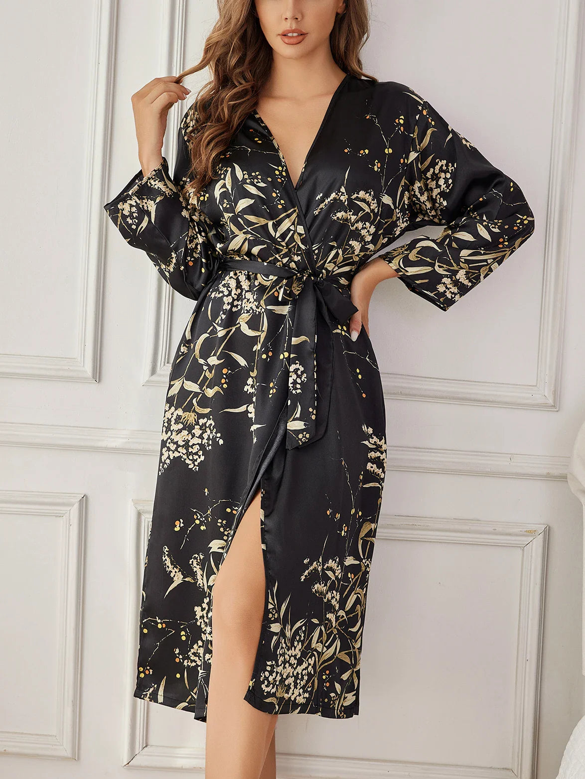 Women's Floral Print Dressing Gown with Belted Waist and Long Sleeves