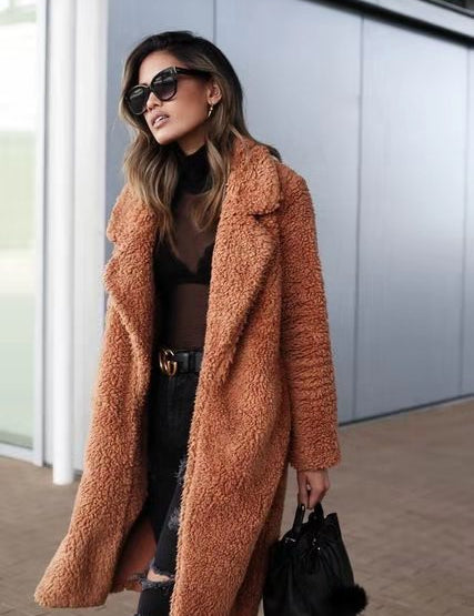 Women's Long Oversized Winter Teddy Coat with Lapel Collar