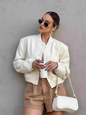 Women's Casual Bomber Jacket with Front Buttons and Flap Pockets