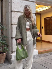 Women's Bat Sleeve Cardigan with Lapel and Metal Button Detail