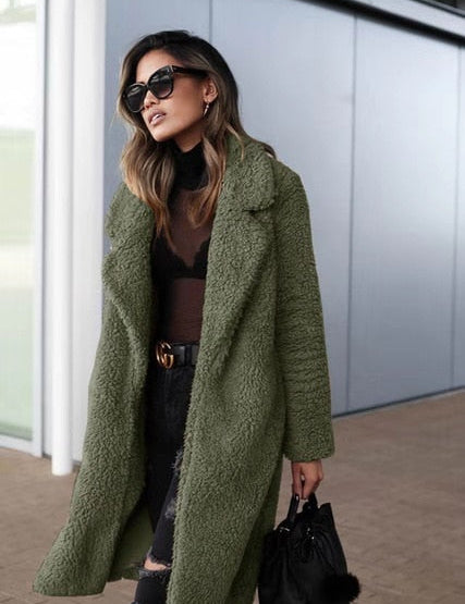 Women's Long Oversized Winter Teddy Coat with Lapel Collar