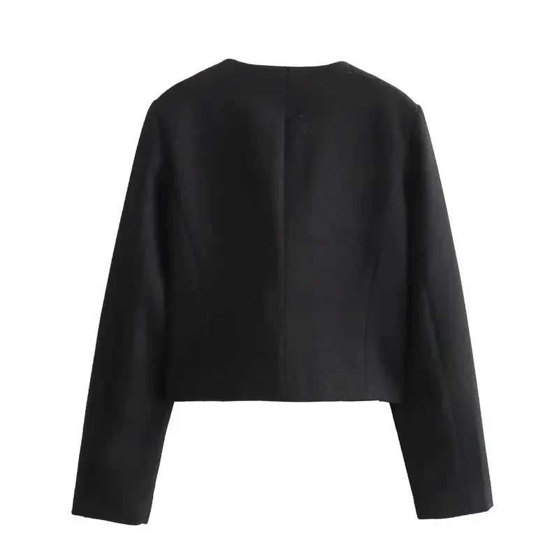 Women's Cropped Bomber Jacket with Round Neck and Long Sleeves