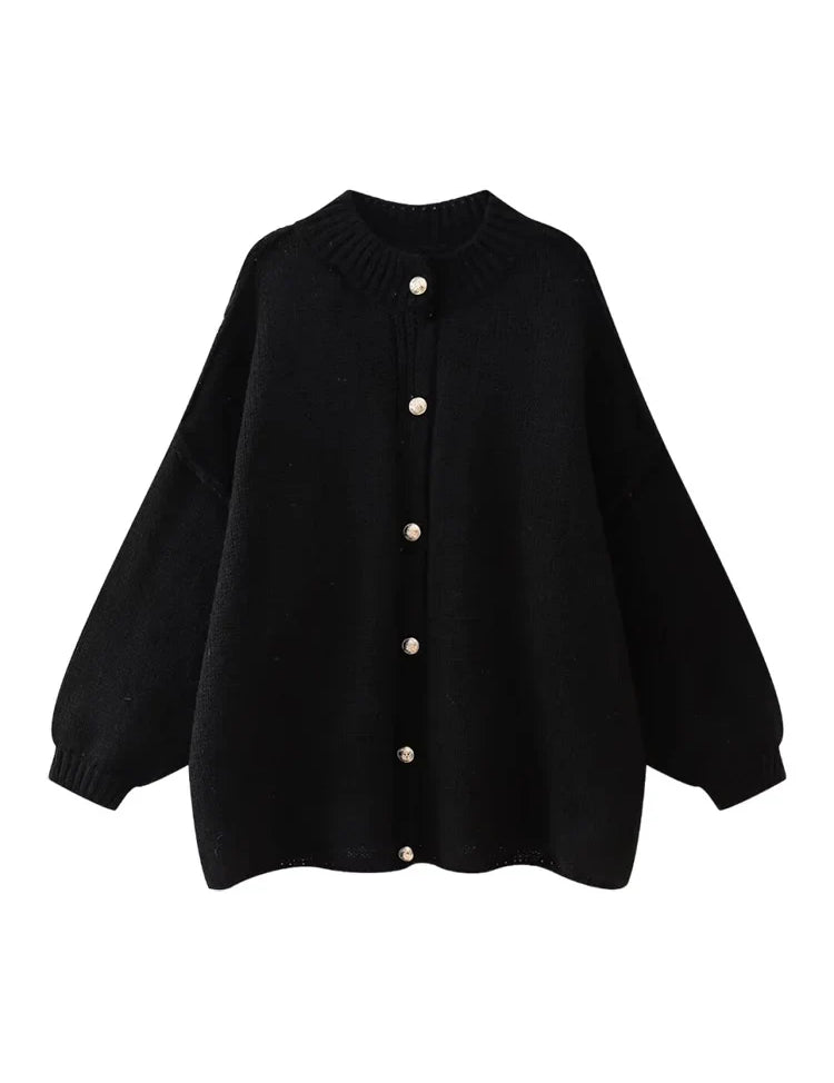 Women's Bat Sleeve Cardigan with Lapel and Metal Button Detail