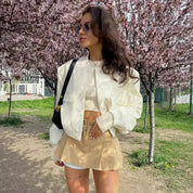 Women's Cropped Baseball Collar Bomber Jacket with Snap Buttons