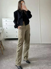 Women's Cropped Baseball Collar Bomber Jacket with Snap Buttons