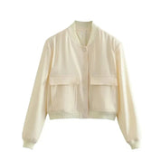 Women's Cropped Baseball Collar Bomber Jacket with Snap Buttons