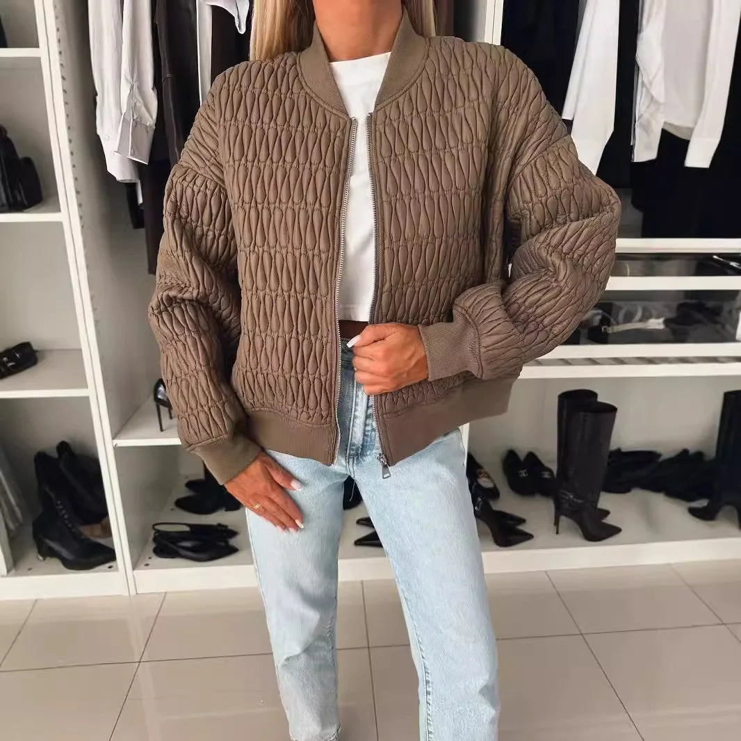 Women's Quilted Bomber Jacket with Zip Front and Ribbed Trim