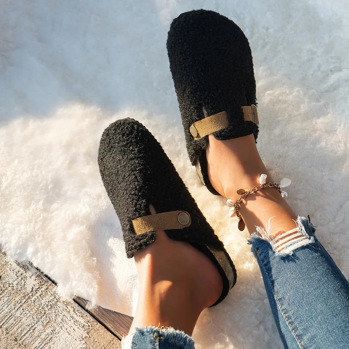 Women's Slip-On Slippers with Buckle Detail and Cozy Soft Comfort