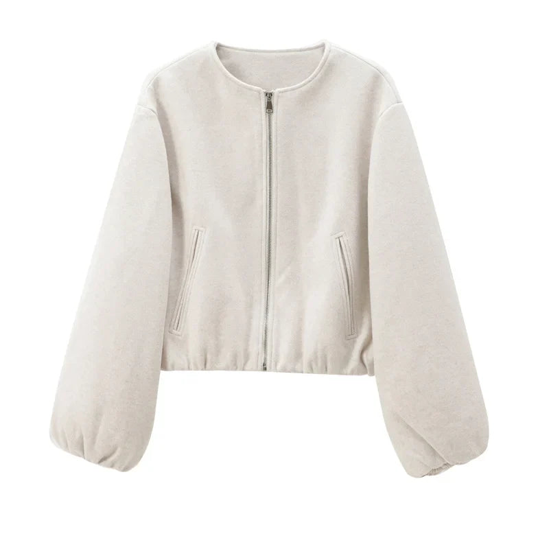 Women's Cropped Bomber Jacket with Long Sleeves and Zip Front