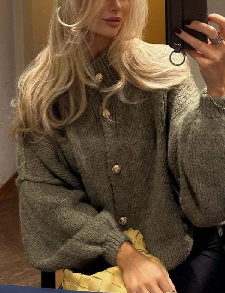 Women's Knit Button Cardigan with Ribbed Neckline and Cuffs