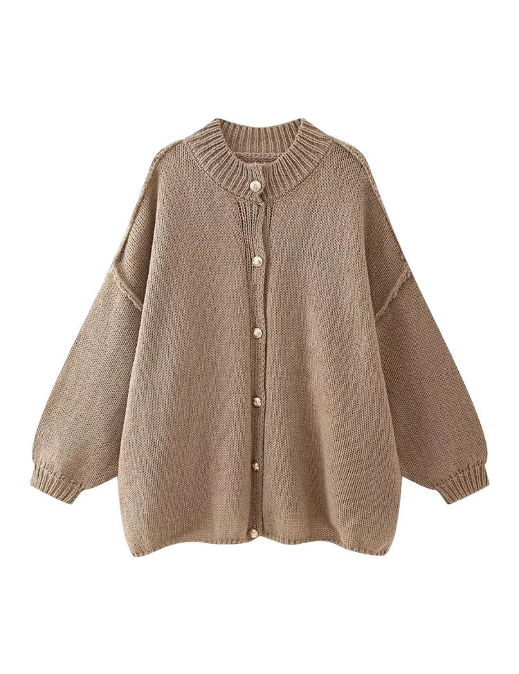 Women's Bat Sleeve Cardigan with Lapel and Metal Button Detail