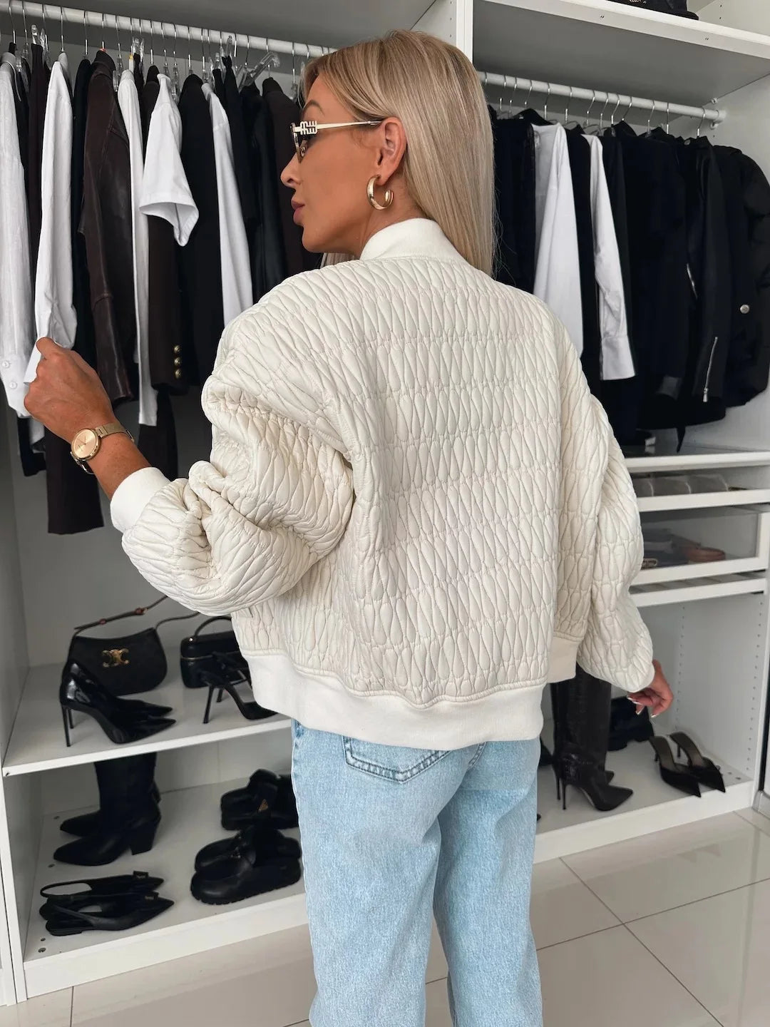 Women's Quilted Bomber Jacket with Zip Front and Ribbed Trim