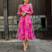 Women's Long-Sleeve Floral Midi Dress with Sheer Puff Sleeves