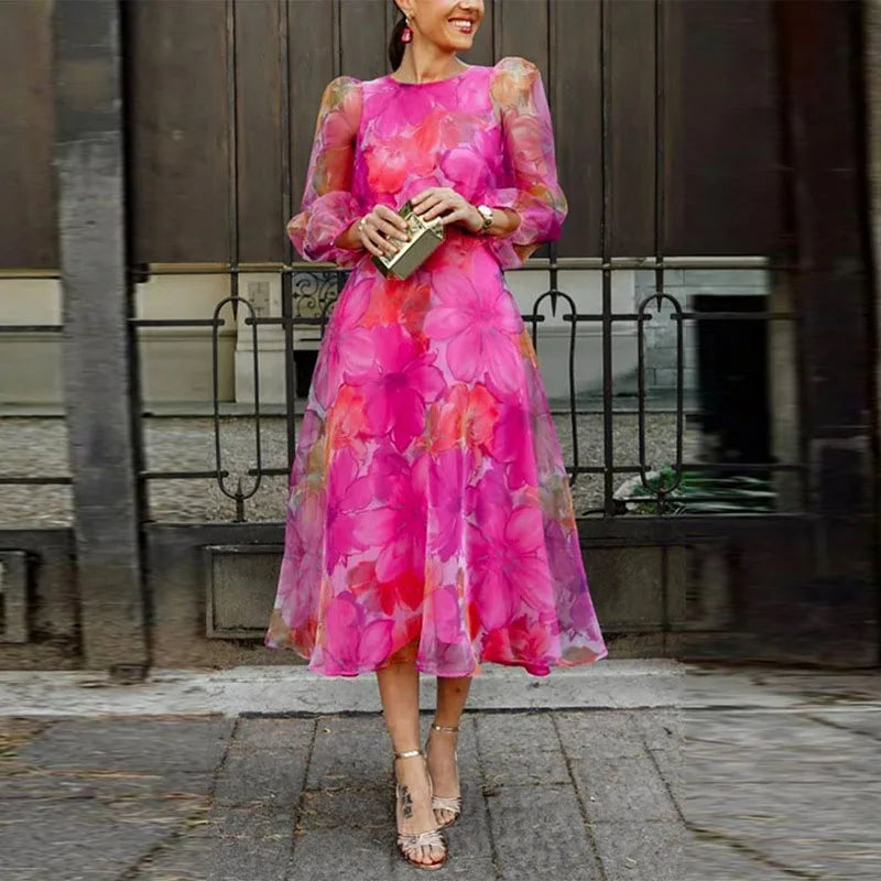 Women's Long-Sleeve Floral Midi Dress with Sheer Puff Sleeves