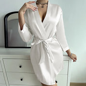 Women's Short Dressing Gown with Belted Waist and Long Sleeves