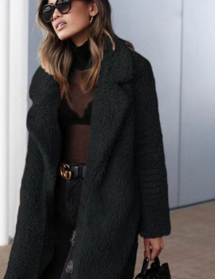 Women's Long Oversized Winter Teddy Coat with Lapel Collar